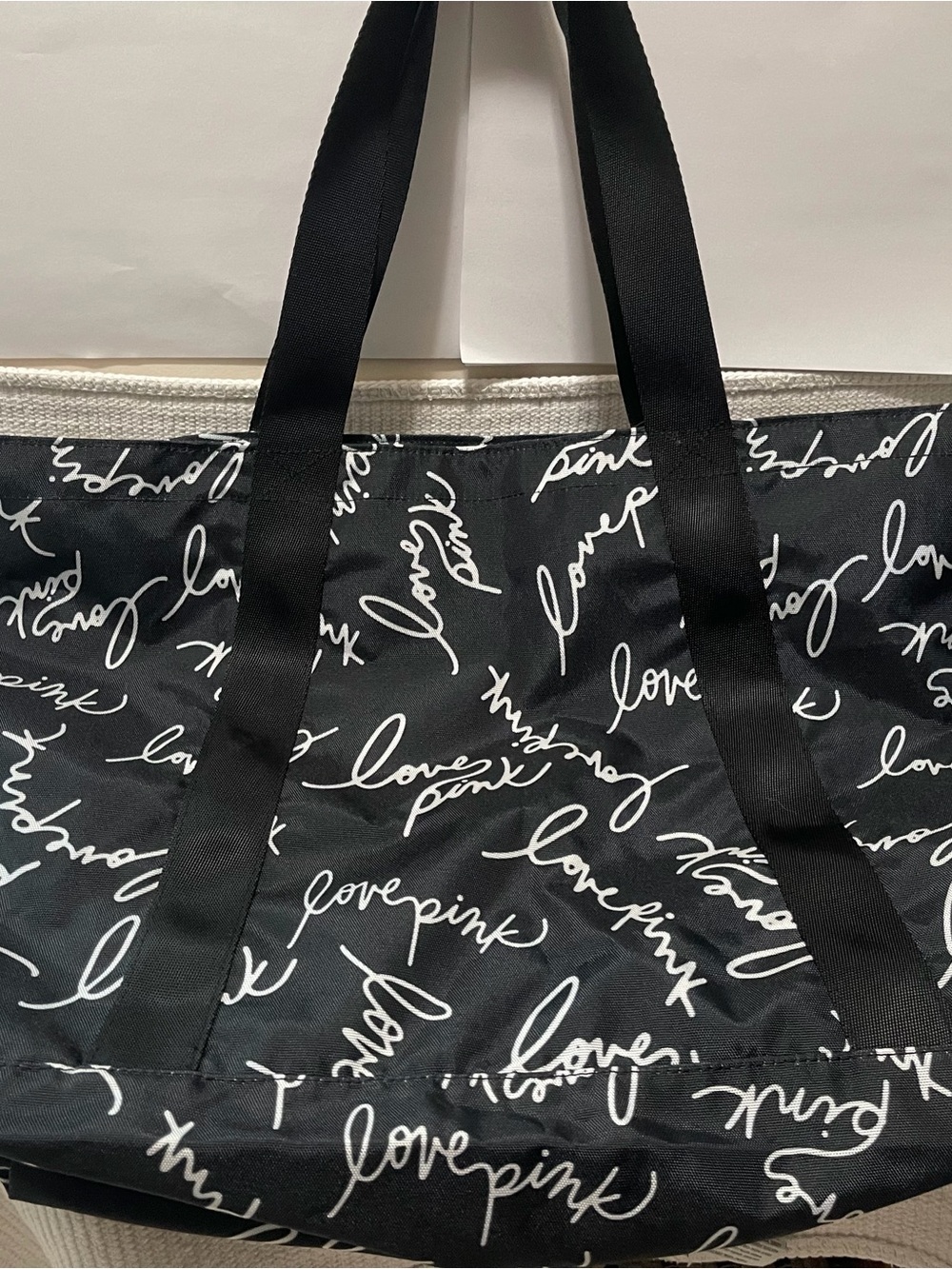 Victoria’s Secret Black 'Love Pink' Script Canvas Tote Bag